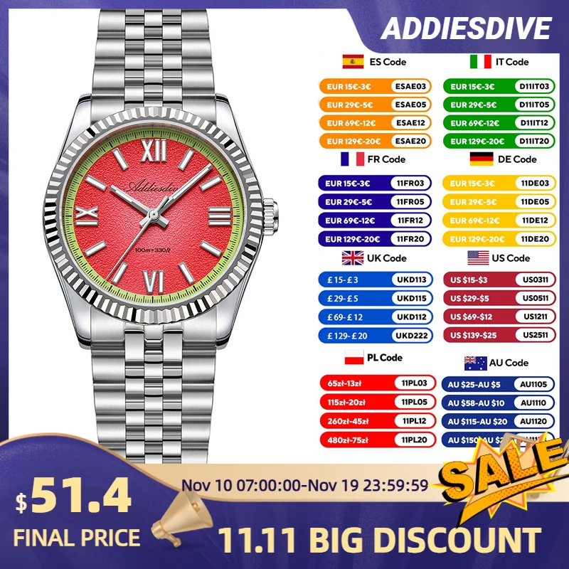 

ADDIESDIVE New Watch for Men AD2535 Luxury Sapphire VH31 Quartz Wristwatch 100m Waterproof Stainless Steel Luminous Watches