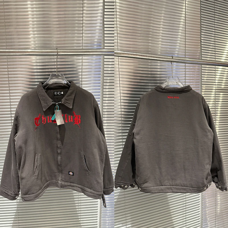 

Джинсовая куртка Thug Club, классическая вышитая буквенная молния, негабаритная стираная уличная одежда в стиле ретро в стиле хип-хоп, мужское и женское пальто с лацканами