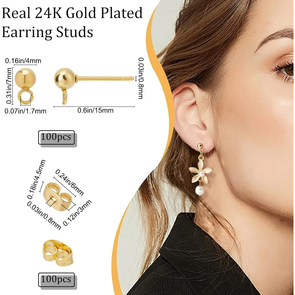 100PCS 24K Gold Plated Earring Studs with Loop Ball Post Earring Findings with 100Pcs Butterfly Ear Back for DIY Jewelry Dangle