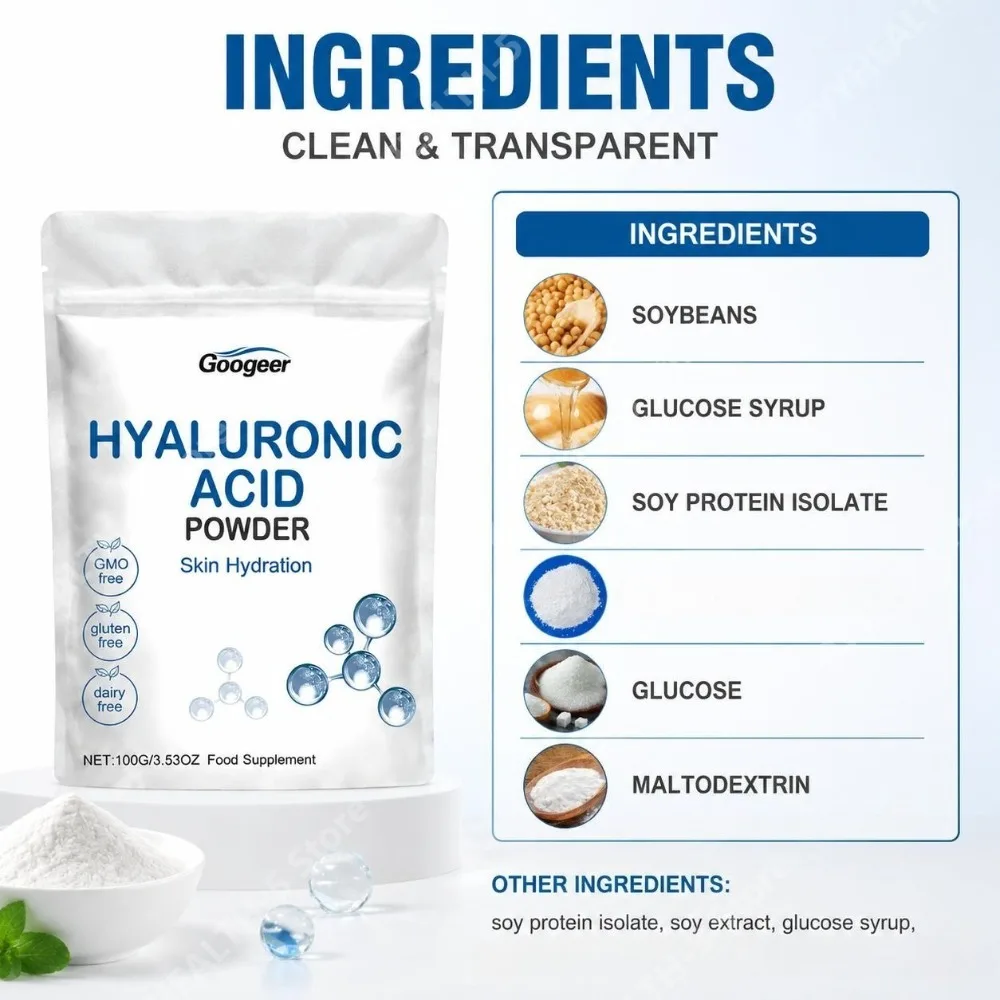 Googeer Hyaluronic Acid Powder for Skin Hydration and Deep Moisturizing, GMO Free Gluten Free Daily Beauty Wellness Support 100g
