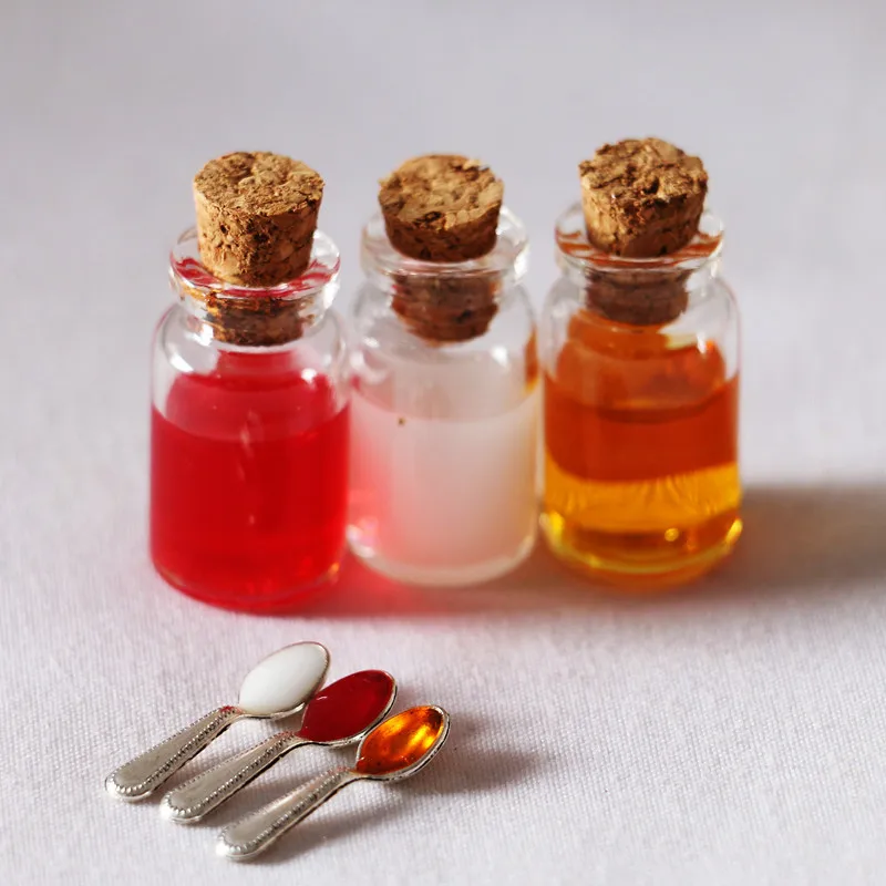 1:12 Mini Honey Milk Strawberry Jam With Spoon Set Resin Fruit Dollhouse Miniature For Doll House Home Decoration Food Toys Kids