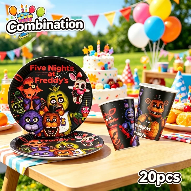 decoracao-de-festa-de-aniversario-five-nights-at-freddy's-fnaf-pratos-copos-adesivos-baloes-para-eventos-utensilios-descartaveis-e-banner