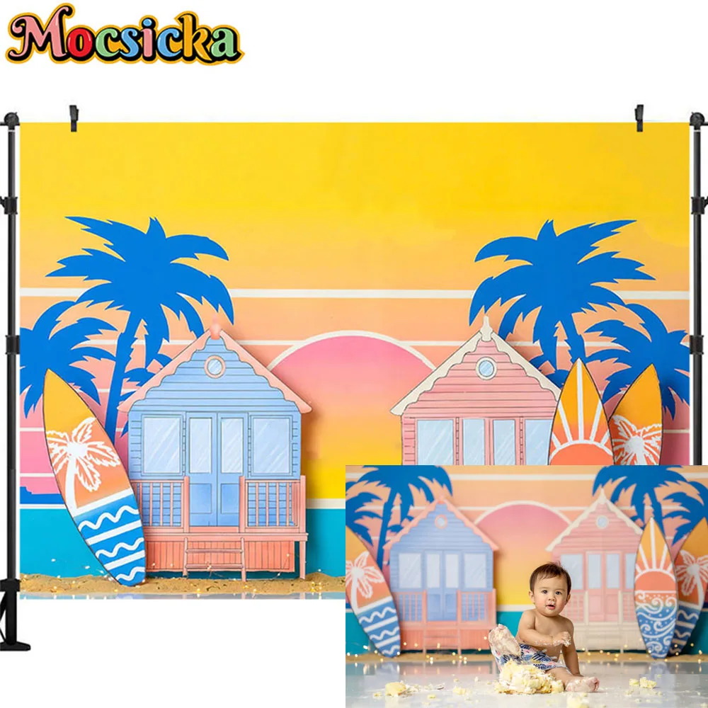 핑크 해변 서핑샵 배경, 여름 공주 생일 파티 사진 스튜디오 소품, 소녀 케이크 스매시 배경