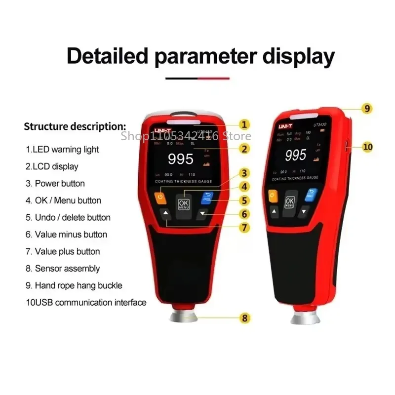 UT343D Coating Thickness Gauge Digital Meter for Ferrous & Non-Ferrous Metals with USB Data Transfer 500 Groups Memory