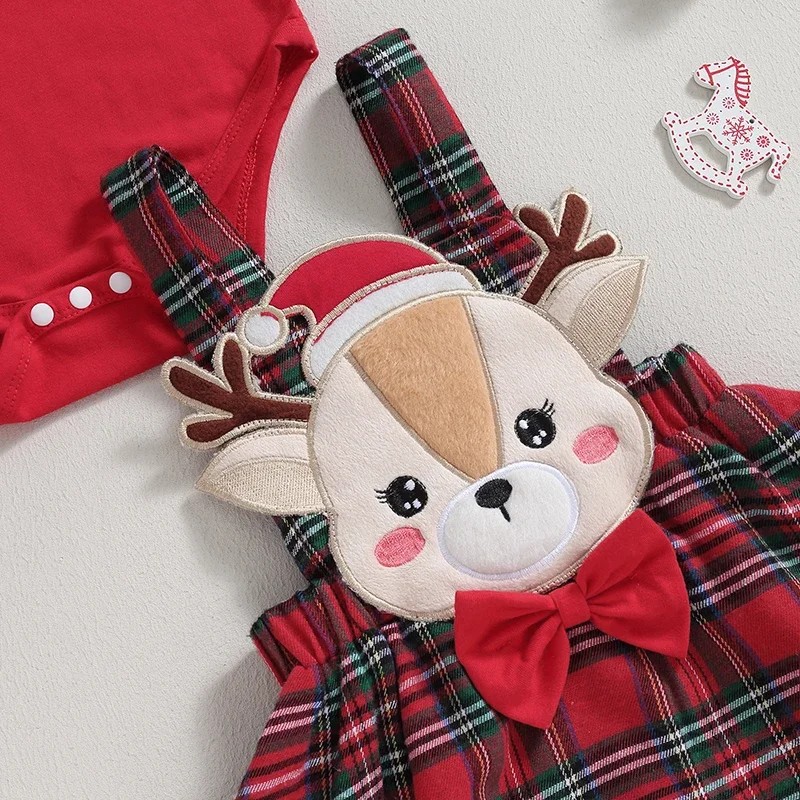 Newborn Christmas Outfit Baby Girl Long Sleeve Romper Deer Suspender Skirt Buffalo Plaid Dress My First Christmas Outfit