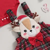 Infant Girl Christmas 3Pcs Outfit Ruffled Long Sleeve Romper A-Line Elk Embroidery Plaid Skirt Bow Headband Set