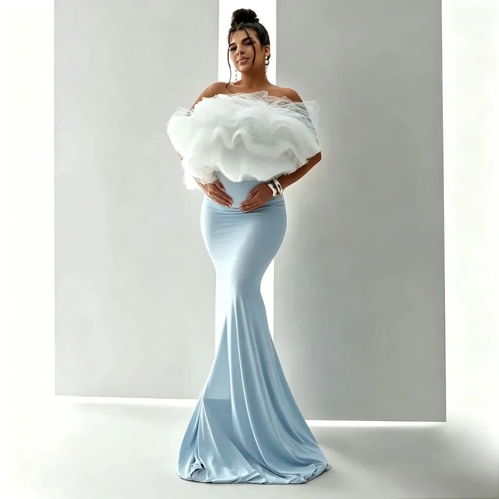 

Light Blue Pregnant Women Prom Dress Off Shoulder Full Sleeves Ruffles Maternity Bridal Robe Party Evening Gown Customized