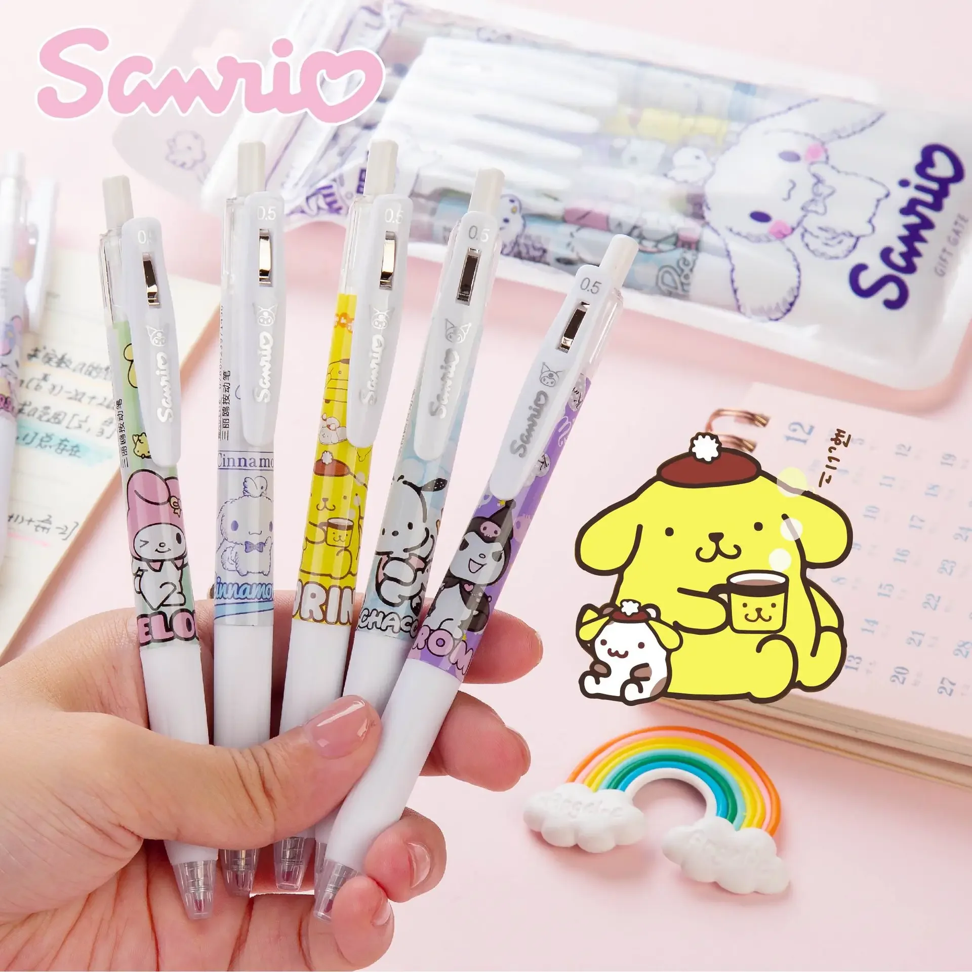 6Pcs/Set Kawaii Sanrio Cinnamoroll 0.5mm Gel Pens Set Cute Hello Kitty Black Pen Cartoon School Student Stationery Supplies Gift