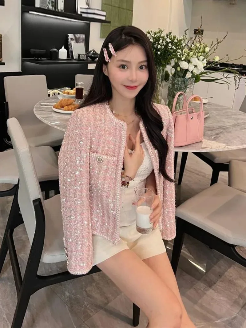 Sweet Temperament Pink Plaid Tweed Jacket Women Korean Round Neck Sequined Bright Line Celebrity Fashion Spring Loose Lady Coat