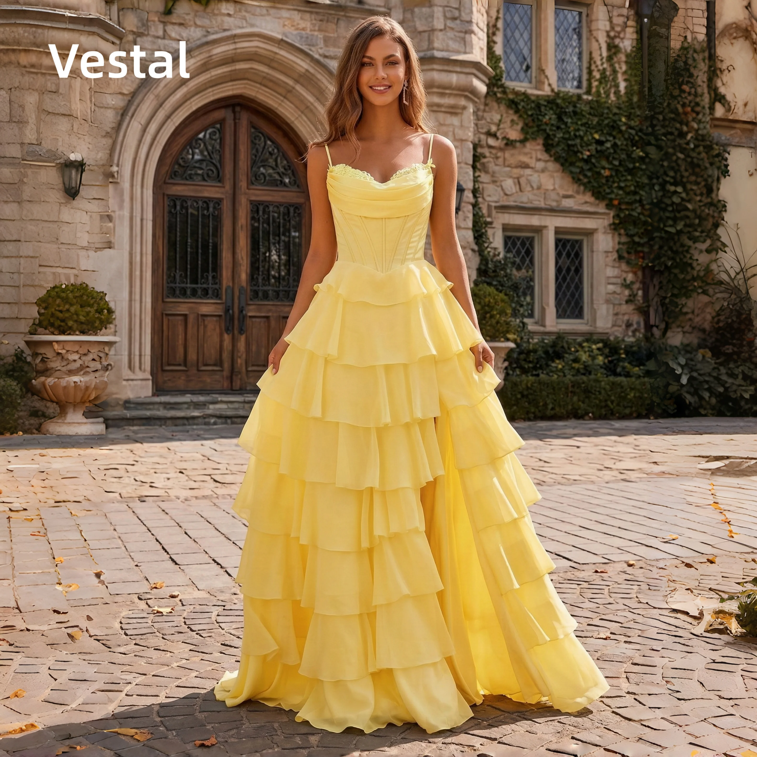 

Cowl Neck Corset Tiered Prom Dress Yellow Ruffled Evening Gown Customized