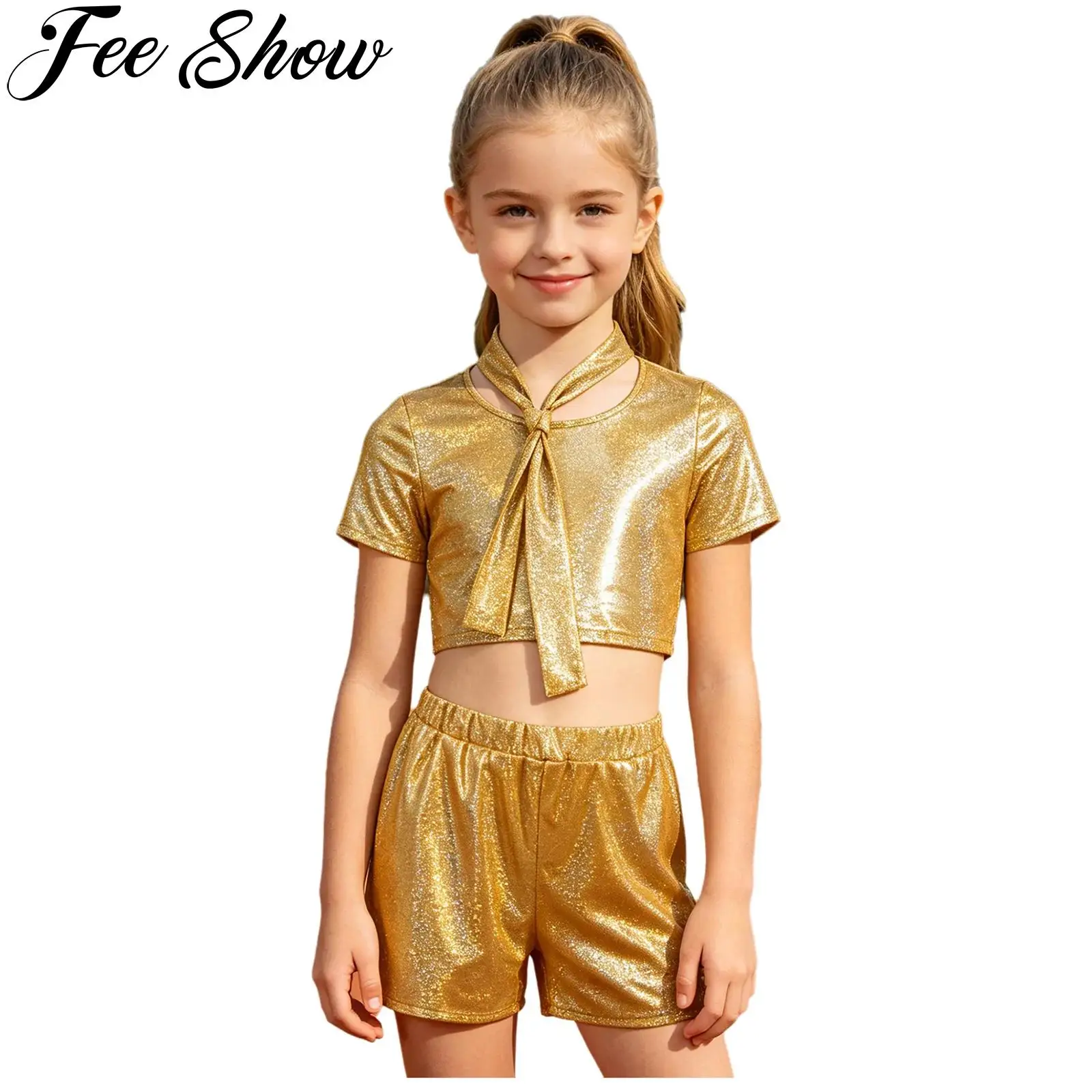 Kids Boys Girls Metallic Glossy Jazz Dance Outfit Short Sleeve Necktie T-shirt with Shorts Cheerleading Hip Hop Street Dancewear