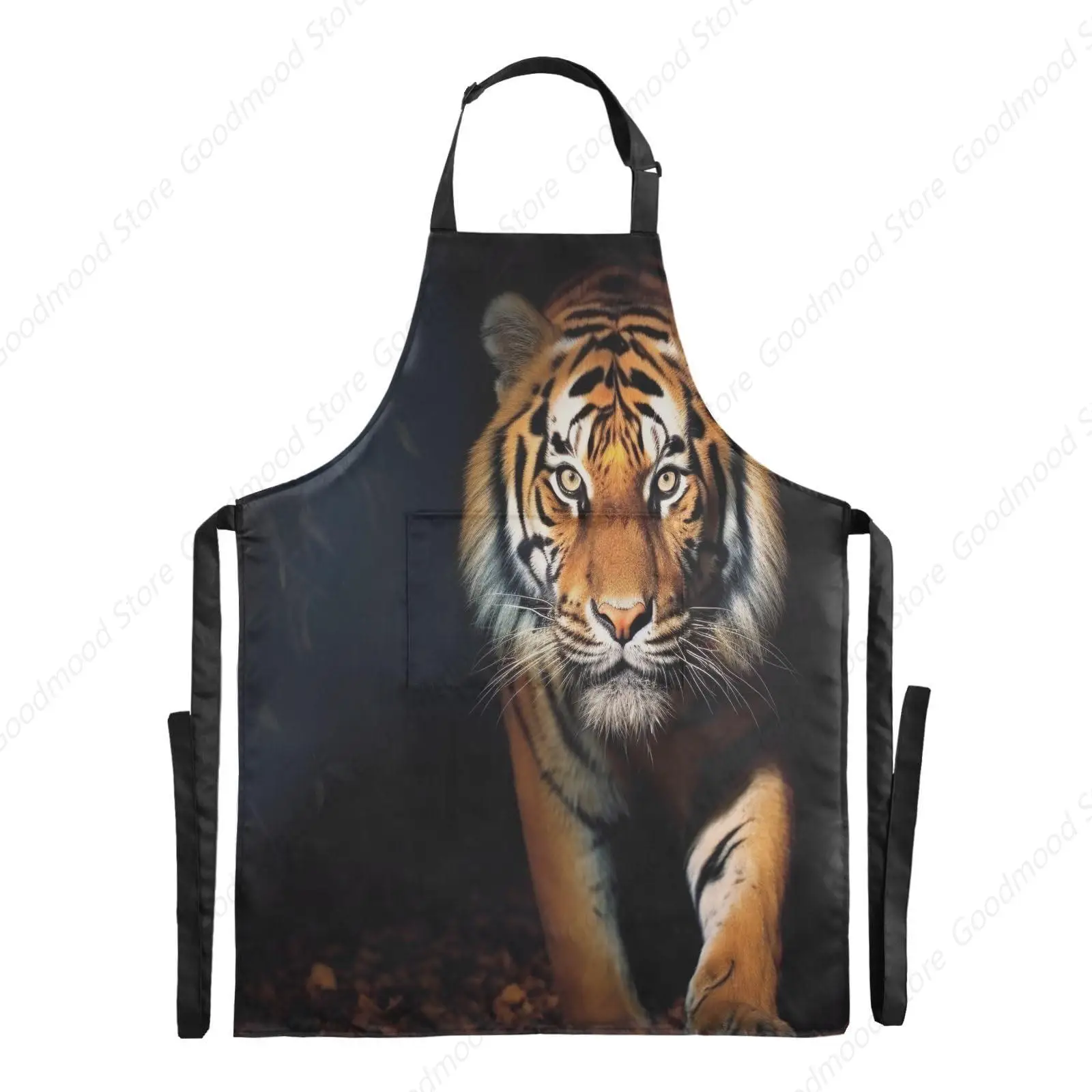 조정 가능한 턱받이 앞치마 2 개의 주머니가있는 동물 호랑이 인쇄 여성용 주방 유니폼 앞치마 남성 성인 요리 청소 서버 작업