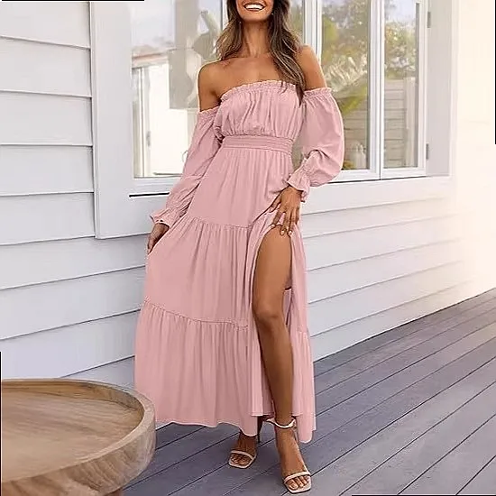 Bohemian Off Shoulder Dress Ruched Side Slit Long Dress Jumpsuit Playsuit