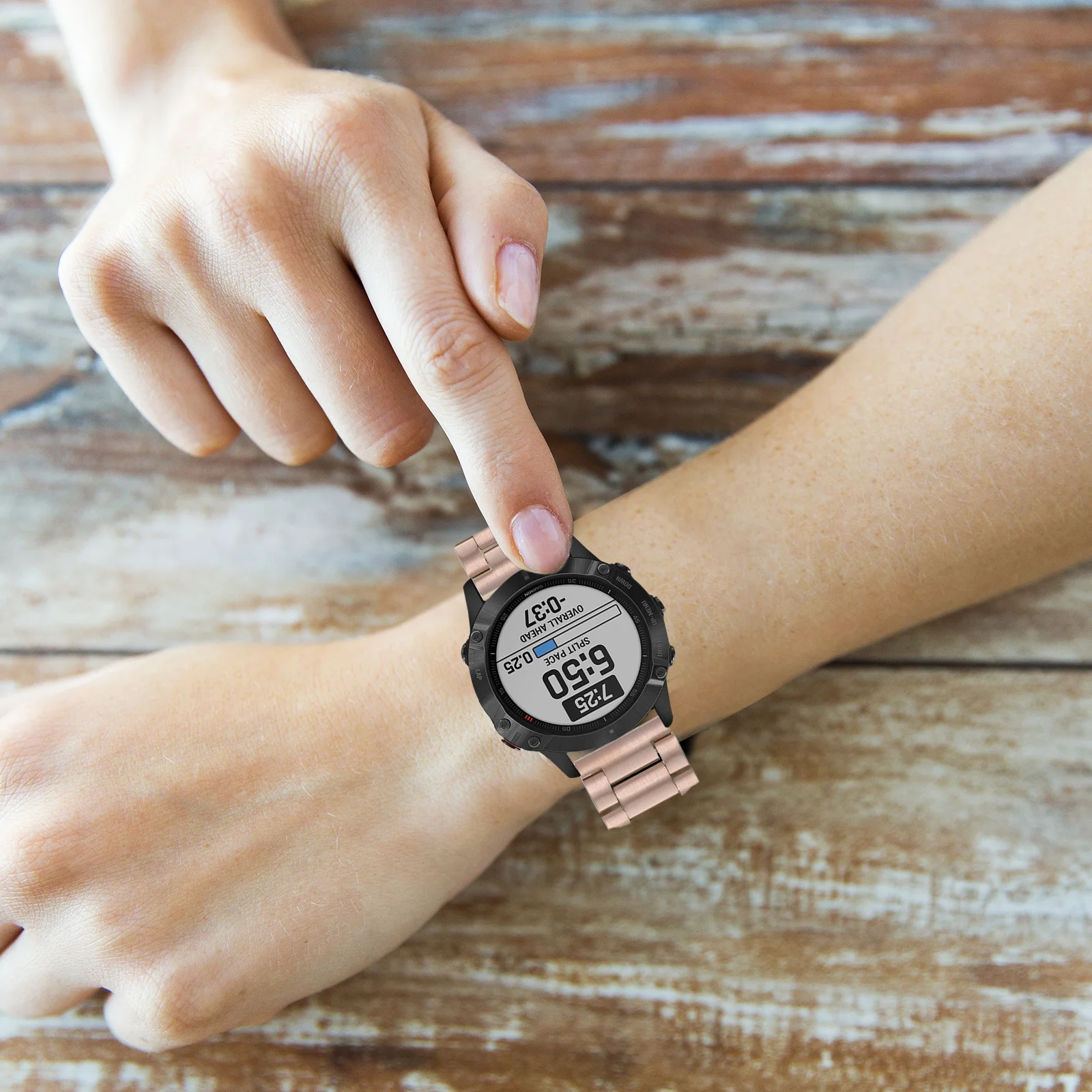 

Stainless Steel Watch Strap Rose Gold Buckle Chain Style Smartwatch Band Watch Replacement Strap Compatible for Garmin