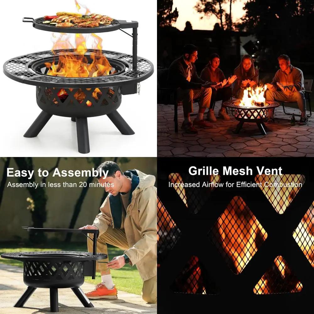 

outdoor 32" fire pit with poker for patio, wood-burning grill included