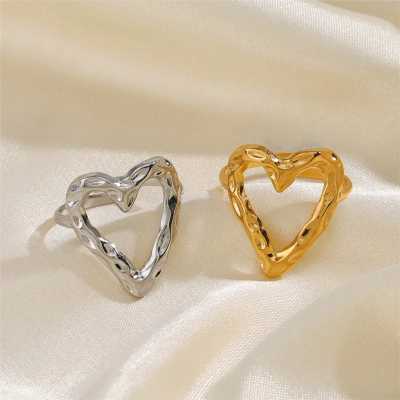 ANENJERY 316L Stainless Steel Irregular Hollow Heart Open Ring for Women Men Personality Popular Ring Party Jewelry  Wholesale