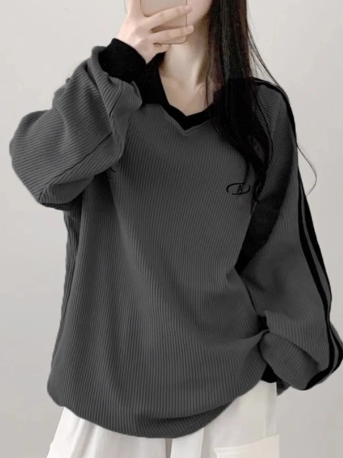 Korean Style Slim Fit  Neck Long Sleeve T-Shirt Color Block Design Simple Versatile Autumn Top Fake Two-Piece Set