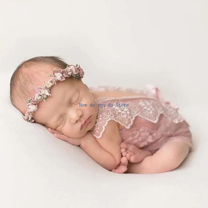 19QF Baby Lace Romper The -Beadble Stet Newborn Proploy Props Bodysuituit Bemsuit with Flower Hair Band Infants Fotografie