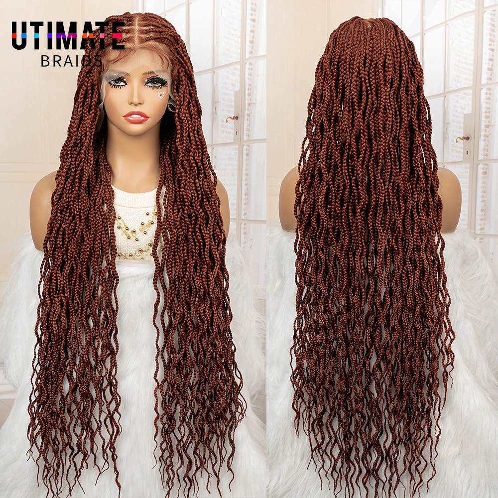 36 Inch HD Full Lace Box Braided Wigs for Women Box Baided Lace Frontal Wig with Baby Hair Ginger Color 350 Synthetic Hair Wig