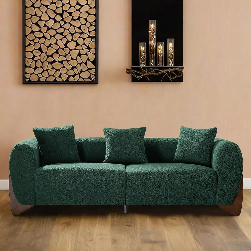 

3 Seater Green Boucle Cloud Couch with Solid Wood Legs and 25 Deep Seat, Plush Cushions and 3 Pillows for Living Room