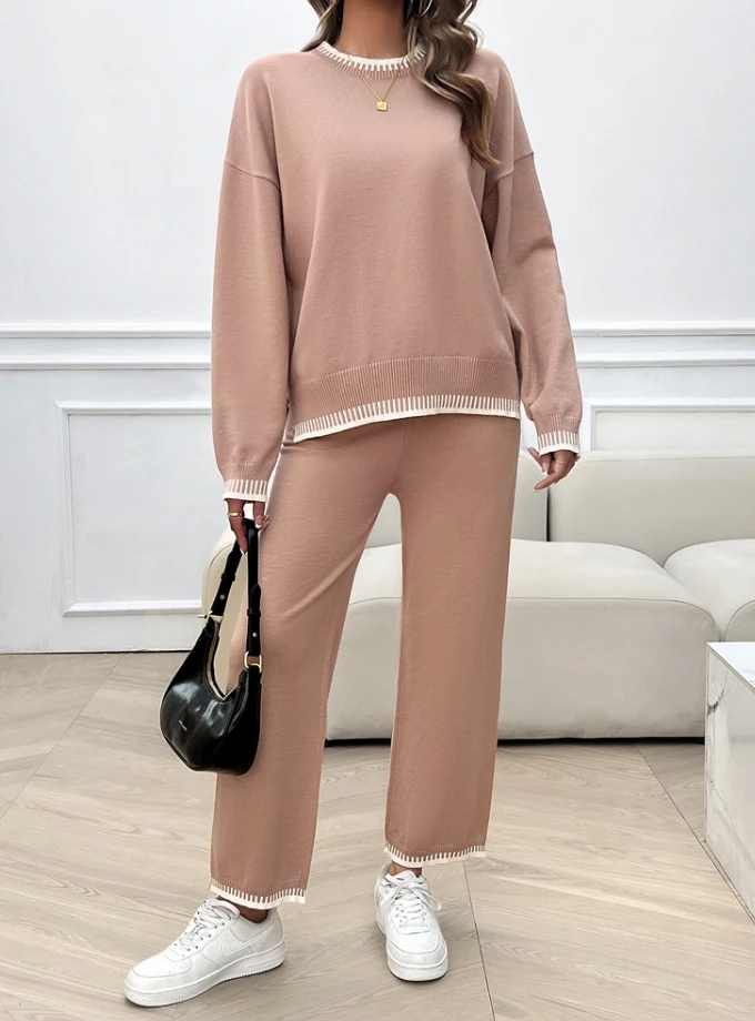 Korean Dongdaemun Women's Winter Sweater Set Casual Edge Collision Solid Color O-Neck Long Sleeved Loose Sweater Long Pants Set