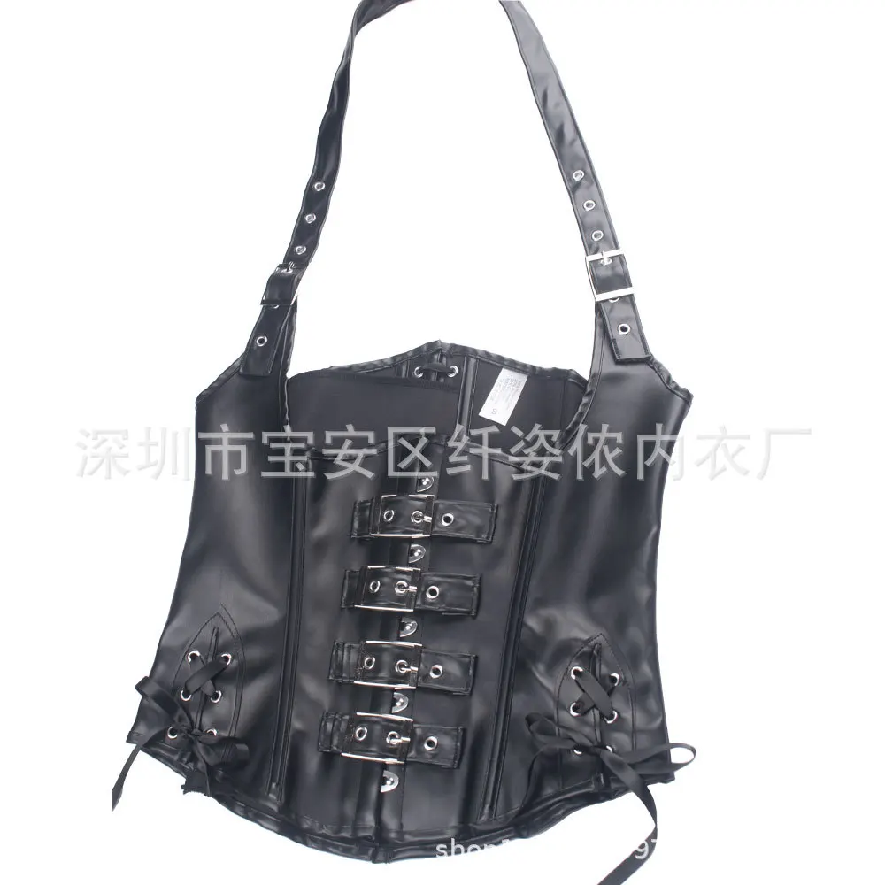 مشدات المحكمة الأوروبية والأمريكية، أشرطة كتف نسائية معلقة على الرقبة من جلد البولي يوريثان، ختم الخصر على شكل عظمة فولاذية، كور الخصر