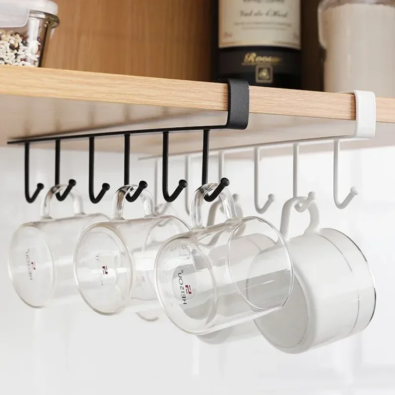 Iron 6 Hooks Storage Shelf Wardrobe Cabinet Under Shelves Cup Hanger Bathroom Kitchen Organizer Hanging Rack Holder Organizer