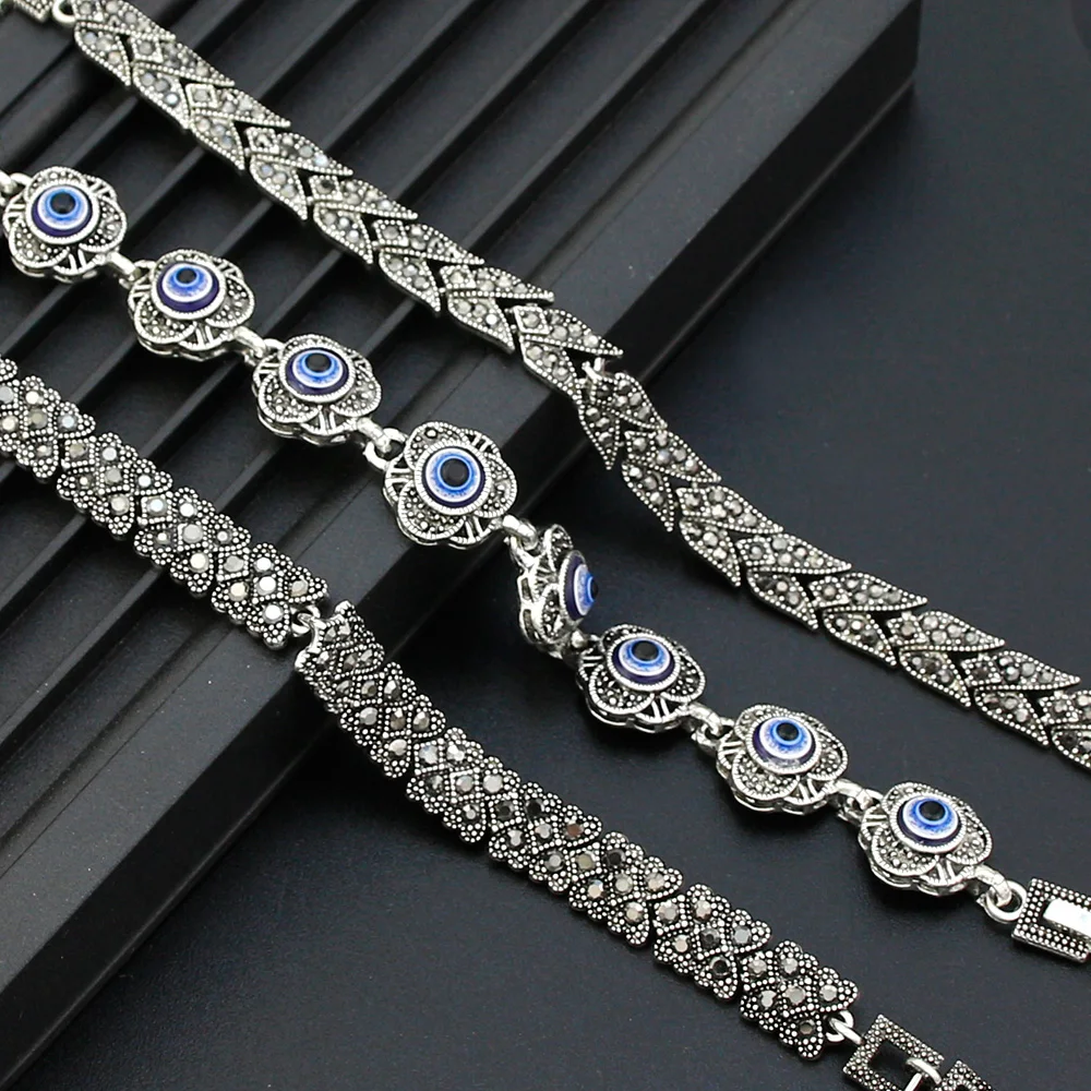 Sunspicems New Vintage Turkish Fatima Bracelet For Women Retro Silver Color Crystal Bohemia Link Bracelet Charm Evil Eye Jewelry