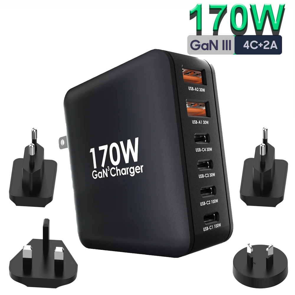 170W USB C Fast Charger, 6-Port GaN PD 100W PPS 45W Super Fast Charging for MacBook Pro Laptop iPhone 15 14 13 Galaxy S23/22/21