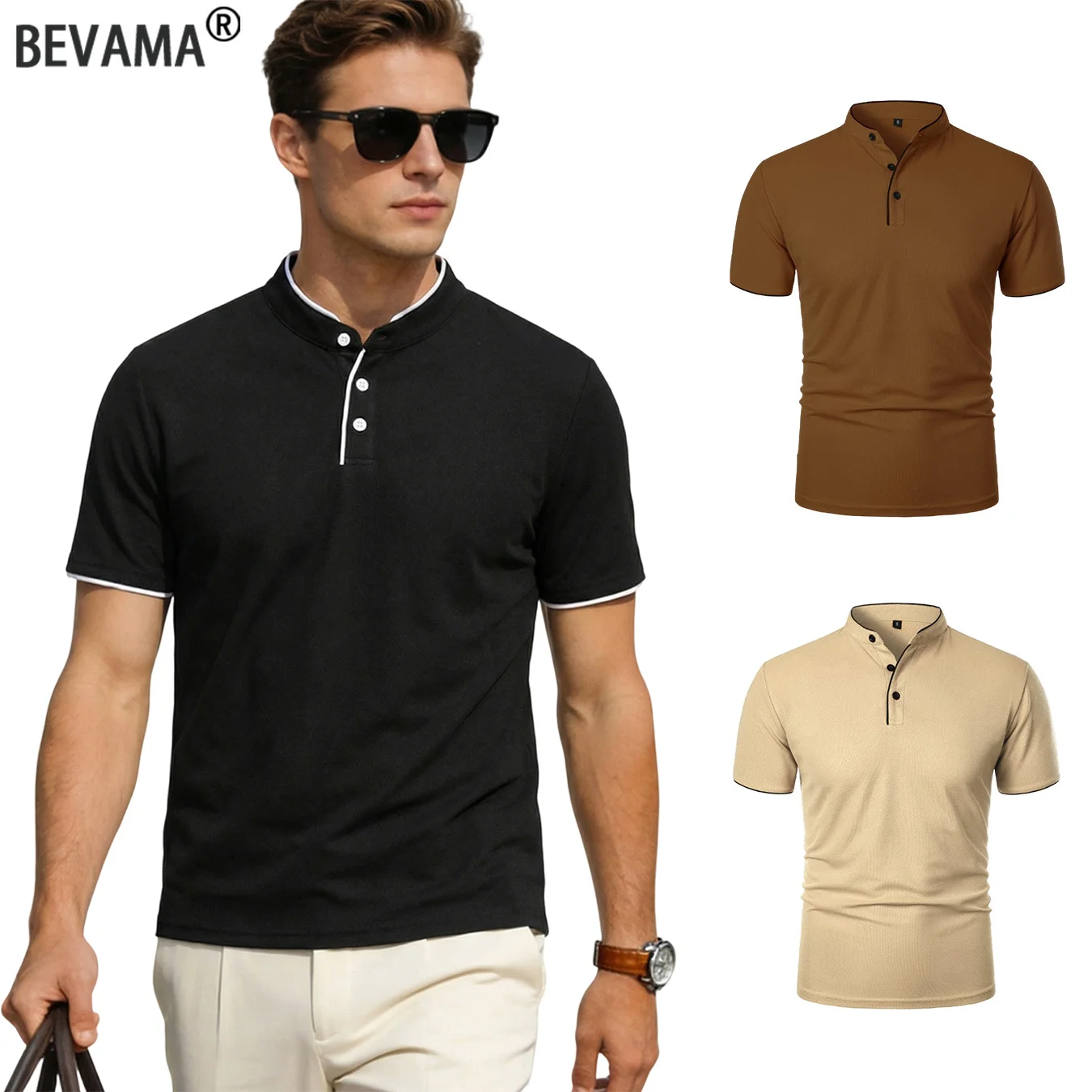 Men Mandarin Collar Polo Shirt Contrast Binding Trim Short Sleeve 3 Buttons Henley Collar T-shirt Business Breathable Daily Tops