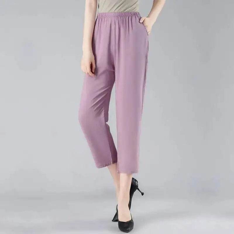 2025 Summer Women Casual Thin Capri Pants Fashion Hight Elastic Waist Straight Leg Pants For Middle-aged Mothers