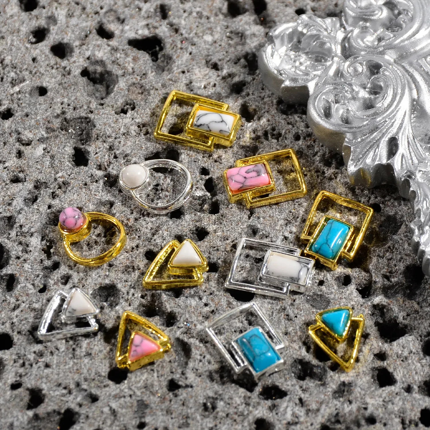 50pcs New Style Alloy Turquoise Inlaid Nail Jewelry Rectangle, Round Triangle Shaped Metal Rimmed Nail Gems for  Nail Art charms