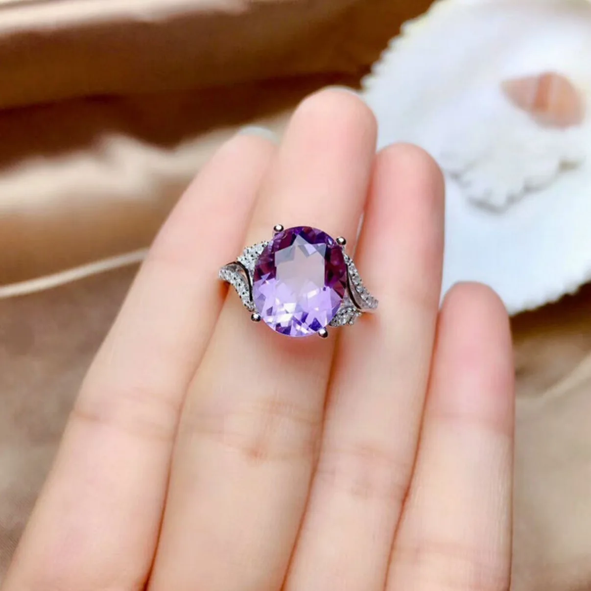 Oval Imitation Purple Crystal Ladies Open Adjustable Size Rings Women Full Zircon Sparkling Light Amethyst Silver Color Ring