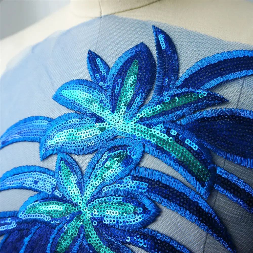 Blue Sequined Flower Leaves Lace Fabric Embroidered Wedding Gown Appliques Collar Mesh Sew On Patch For Dress DIY Decoration