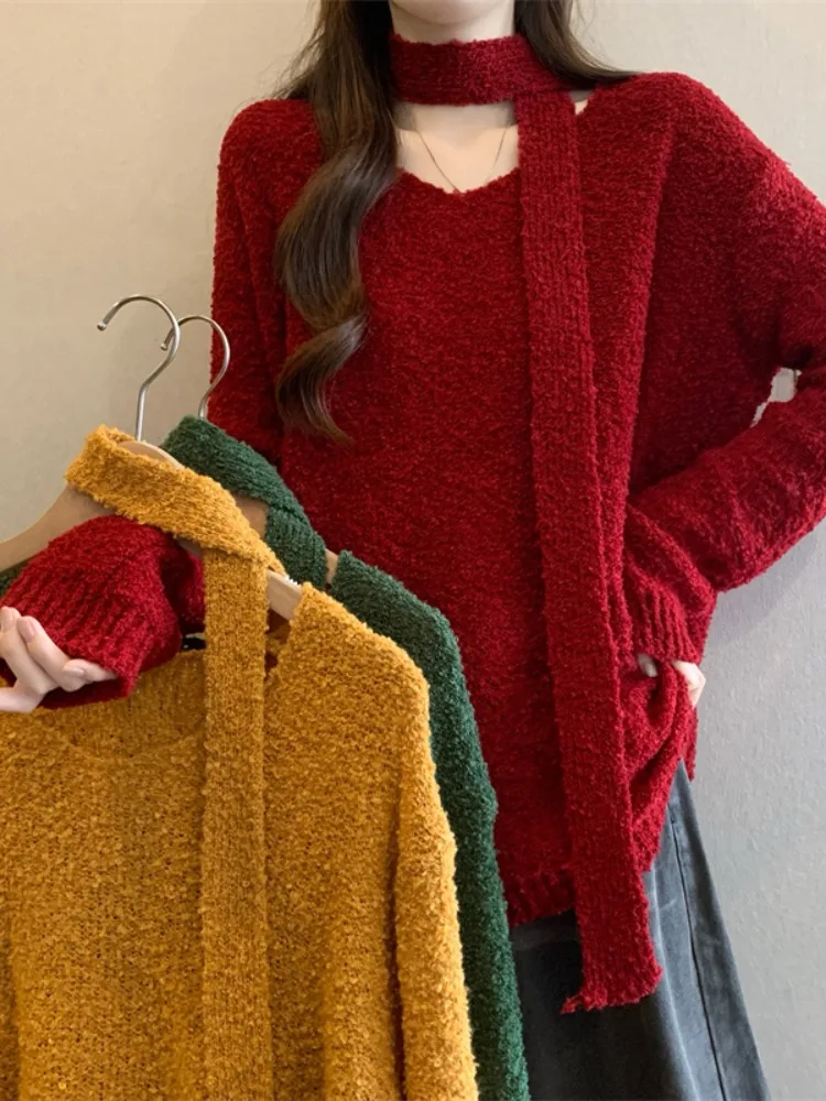 Cisas Aosphere paresseux v-ne suspendu Ne Sa pull femme automne hiver doux Vintage rouge ample minceur haut