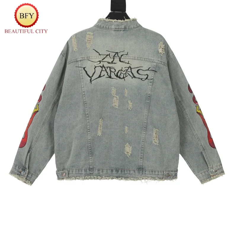 24SS Men's Women's High-end Clothing Flame Multi-Pocket Jacket Vintage Broken Hole Washed High Quality Denim Jacket