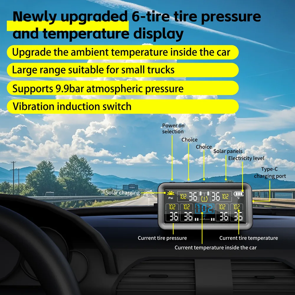 Tire Pressure Monitoring System with 4/6 External Sensors Tyre Temperature Monitor LCD Display for RV Sedan SUV Truck