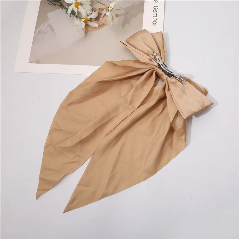 Korean-style New Large Bow Spring Clip, Satin Chiffon Solid-color Long Ribbon Spring Clip, Popular Versatile Hair Accessory