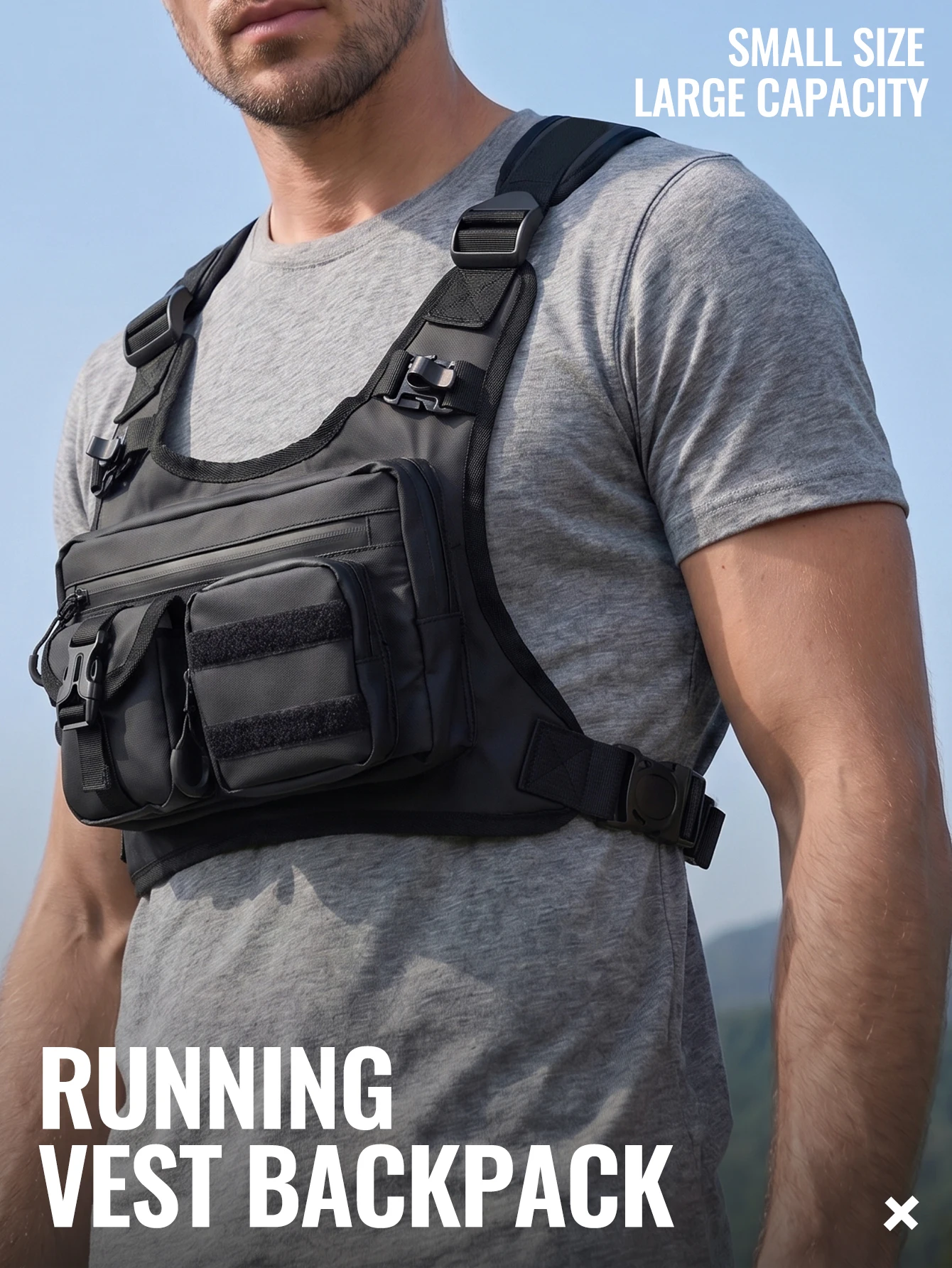 WRELS Hydration-Laufweste, Brusttasche, atmungsaktiv, wasserdicht, mit mehreren Fächern, Sporttasche für Wanderungen, Radtouren und Marathons. – Detail 1