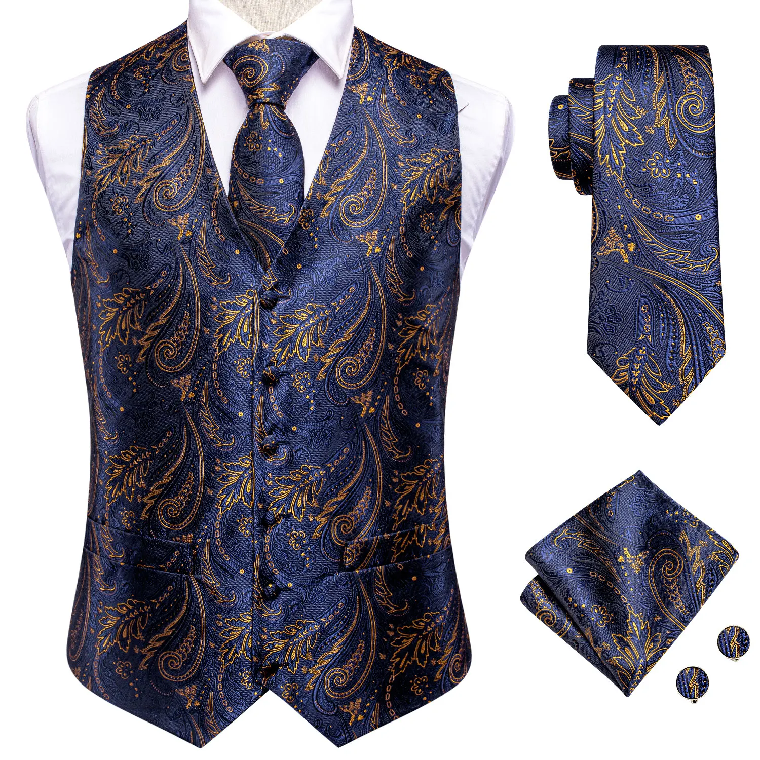 Navy Gold Paisley Jacquard Waistcoat Accessory Kit Tie Pocket Square Cufflinks For Business Reception Wedding Guest