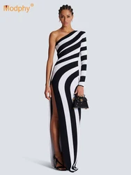 New Arrvial Women Striped Side Zipper One Shoulder Long Sleeve Bandage Midi Dress Bodycon Celebrity Party Evening Maxi Vestido