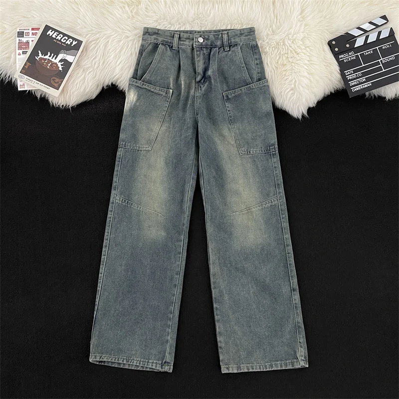 Retro Washed Distressed Straight Leg Wide Leg Jeans Men's Deconstructed Patchwork Casual Workwear Style Loose Fit Pants