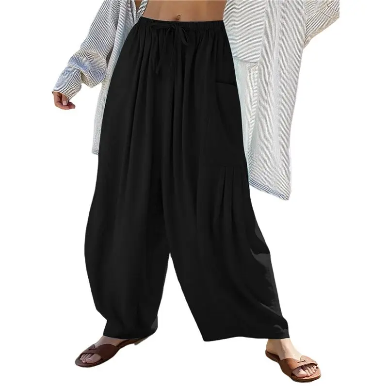 

A24F-Women Casual Loose Drawstring Summer Beach Travel Vacation Palazzo Harem Pants With Pockets