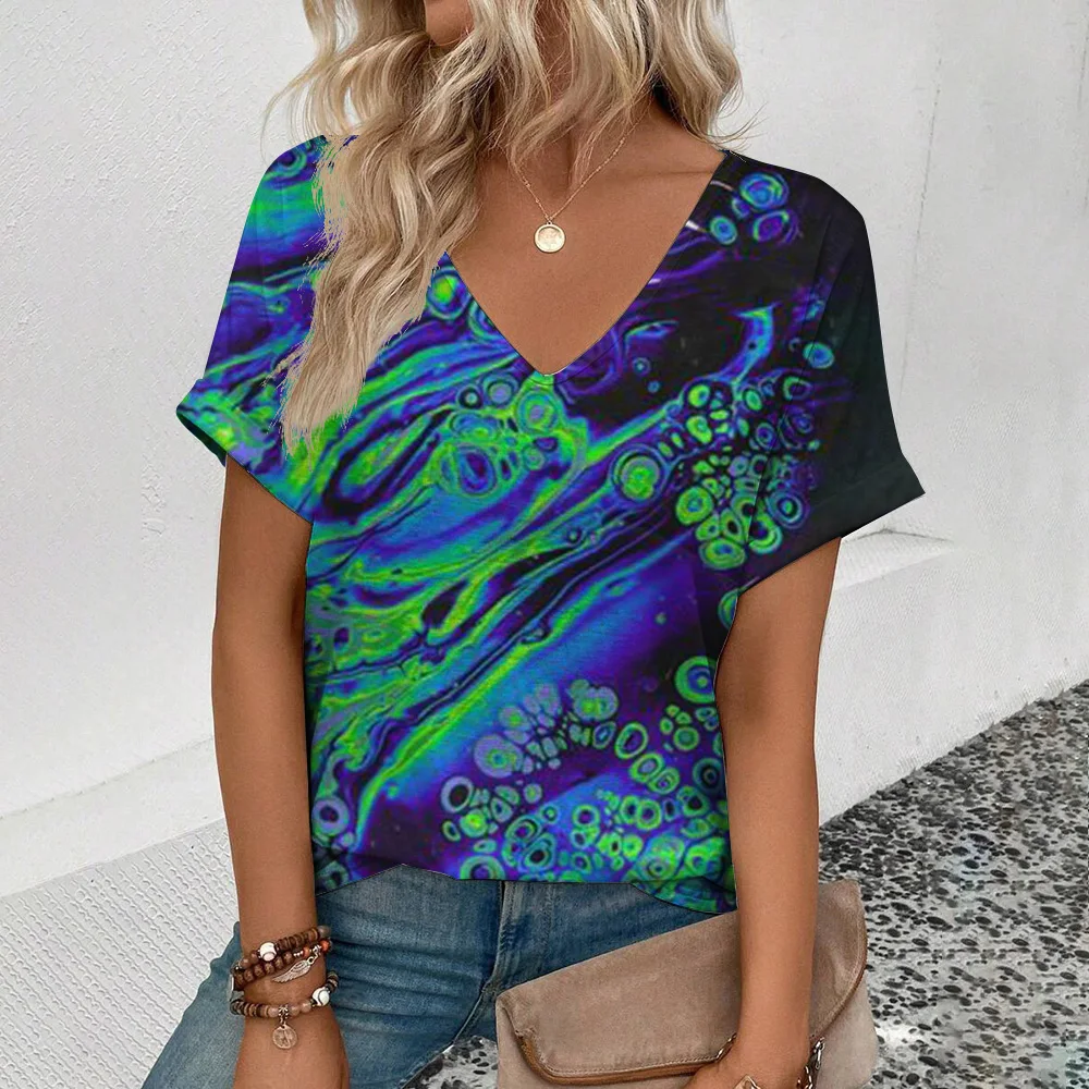 Short Sleeve V-neck Casual Elegant Top Summer & Spring Women\'s Clothing T-Shirt Fashion Colorful Tassels Pattern Print T-Shirt