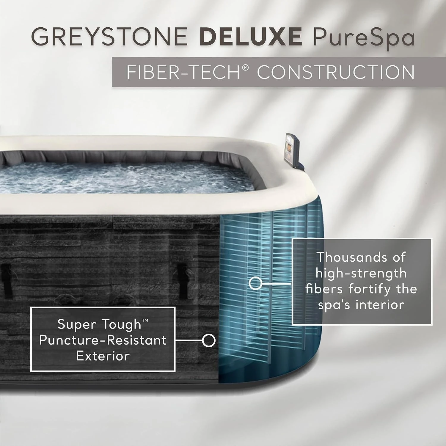6 Person Inflatable Hot Tub with Energy-Efficient Spa Cover | 28451EP Greystone Deluxe: Built-in Hard Water, Custom