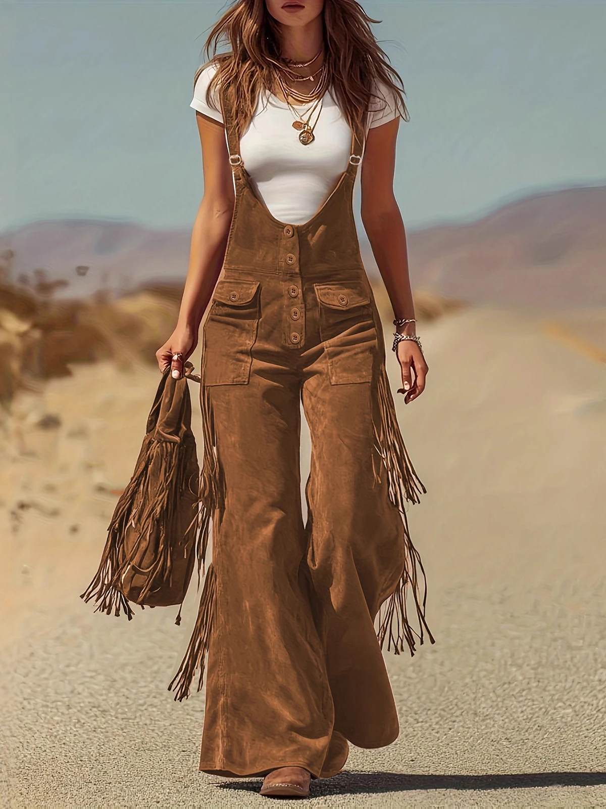 Women's Vintage Suede Fringe Overalls Trousers Adjustable Straps Summer Streetwear Multiple Pockets Wide-leg Y2K Suspender Pants