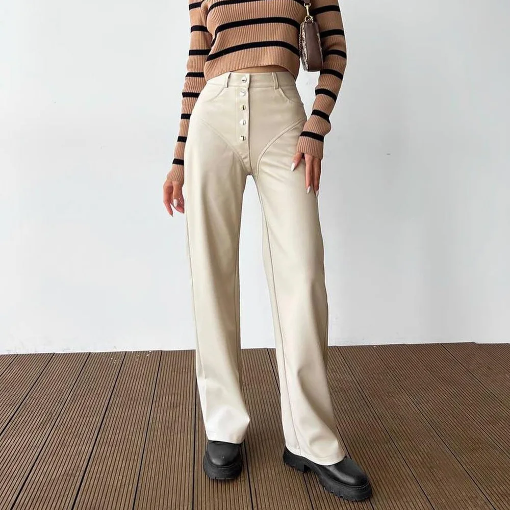 Fashionable Casual Women's Trousers Autumn New Solid Color High Waist Leather Spliced ​​straight Trousers Simple All-match Style