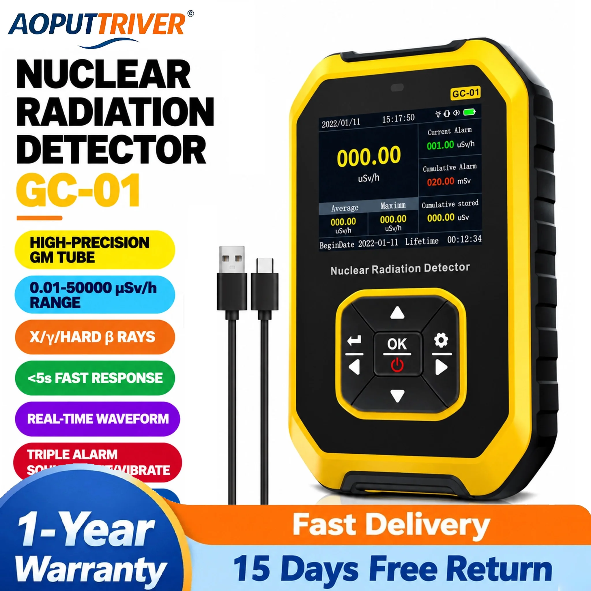 FNIRSI GC-01 Geiger Counter Nuclear Radiation Detector Dosimeter β γ X-Ray Rechargeable Monitor GM Tube LCD 5 Units Alarm