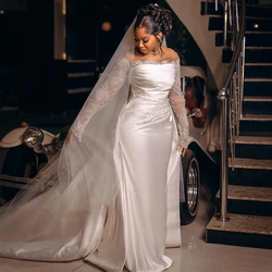 Mermaid 2 In 1 Wedding Dresses Satin Sheer Neck Long Sleevee Corset Lace Beads Africa Detachable Train Bridal Gowns Customized