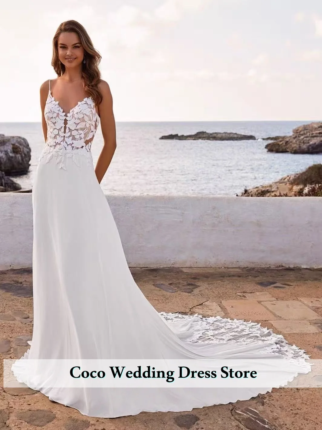 Customized Elegant V Neck Lace Embroidery Top A Line Vestido De Novia Spaghetti Straps Wedding Dress Boho Tulle Robe De Marié